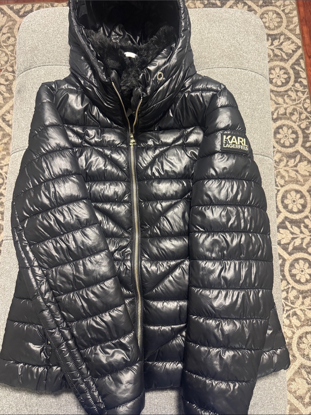 Karl Lagerfeld Black Gloss Quilted Hooded Puffer Jacket